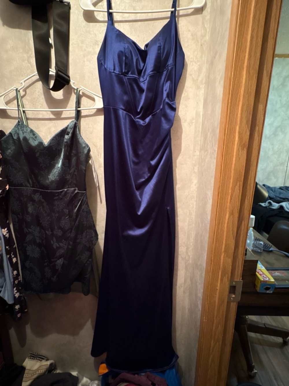 Windsor Midnight Blue Satin Slip Gown with Spaghetti Straps